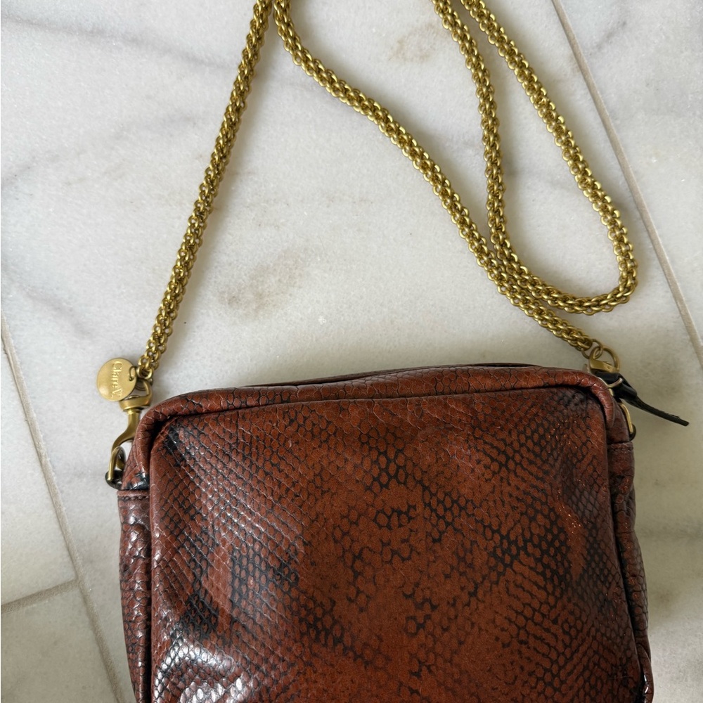 Clare V Brown Snake Print Crossbody Bag with Gold Chain